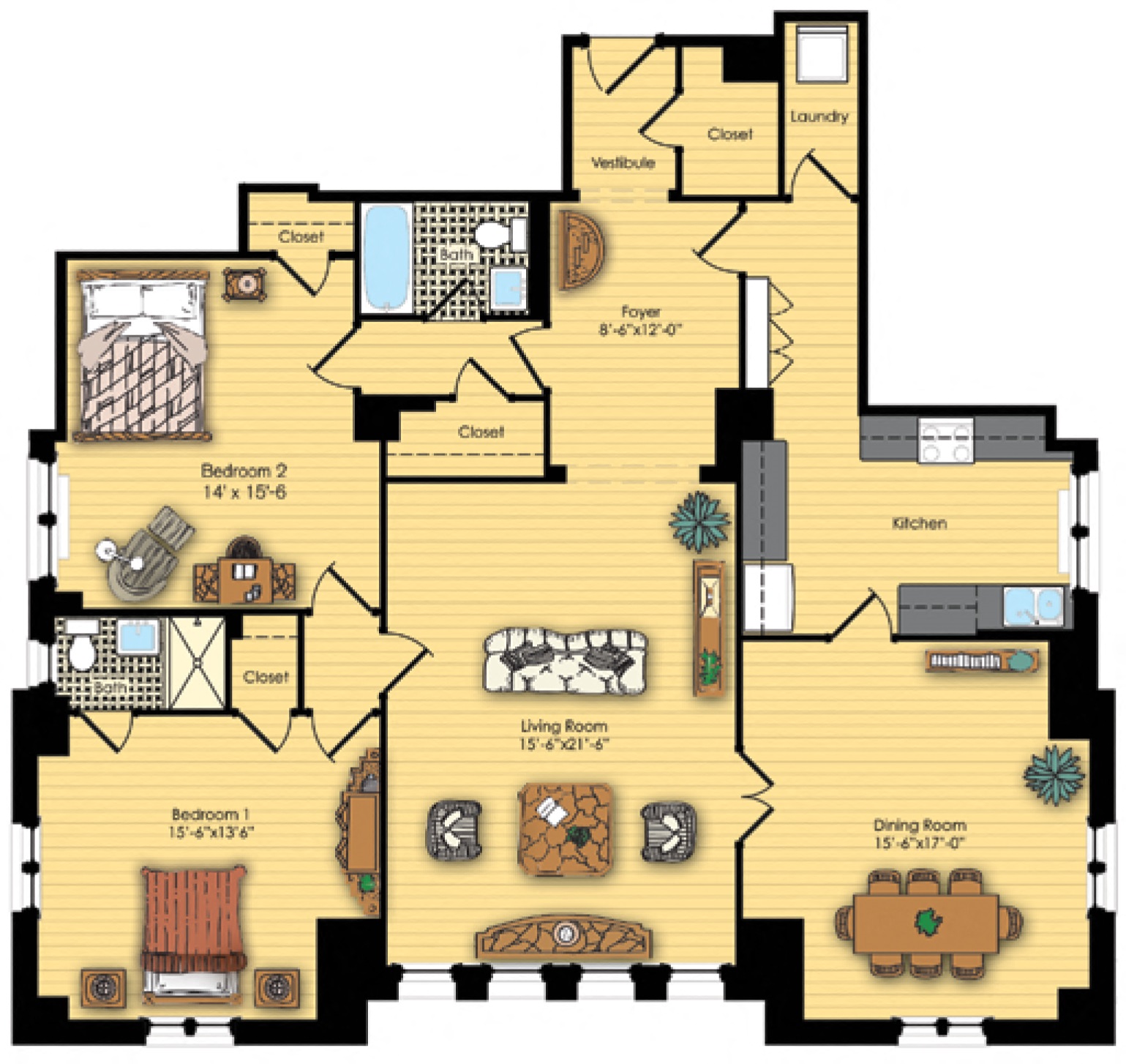Floor plan for 2 beds, 2 baths, 1638 sqft